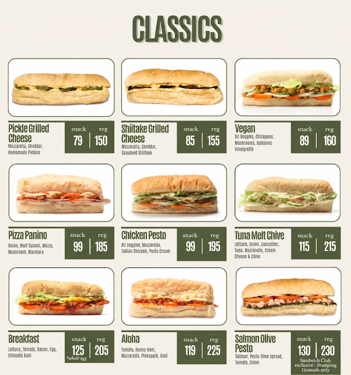 Sandwich Club classics menu