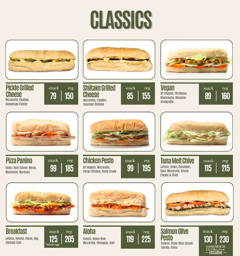Sandwich Club classics menu
